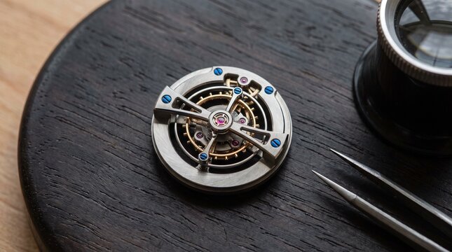 Intricate mechanical watch movement mechanism displayed on dark wooden workbench with magnifying glass and steel tweezers