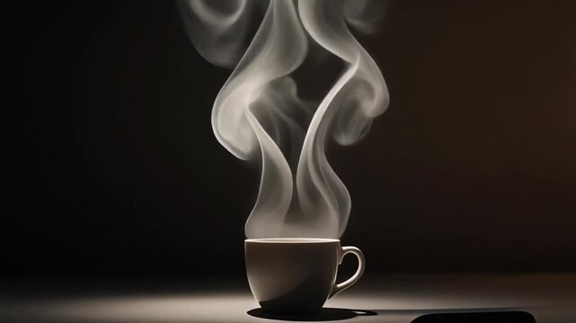 Steaming Hot Coffee Cup with Aromatic Steam Swirls, Dark Background