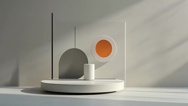 Abstract geometric arrangement featuring a cylindrical form and a circular cutout on a light grey platform, bathed in soft natural light casting dramatic shadows across a muted color palette