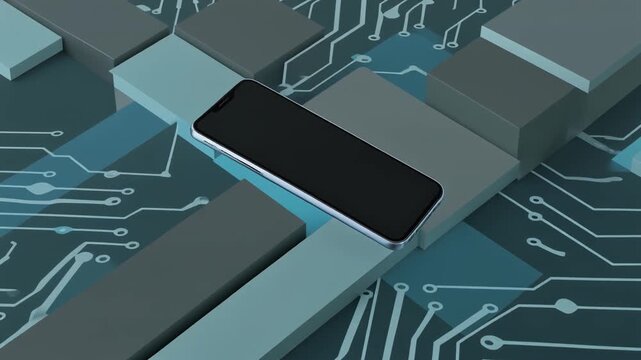 A sleek, dark-screened smartphone rests centrally on a network of illuminated blue electronic pathways and interconnected gray geometric shapes, suggesting advanced connectivity and digital