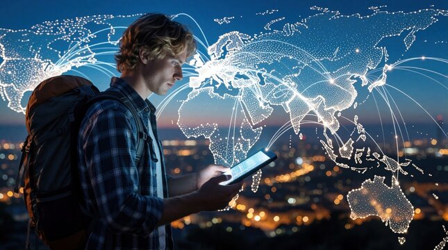 Young male student uses digital tablet to check interactive world map. Backpacker with large rucksack explores global destinations via mobile tech. Glowing network lines connect cities on digital