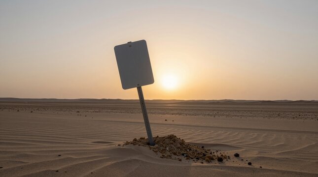 A tranquil desert scene featuring an unmarked signpost half-buried in sand at sunset, showcasing the vastness and beauty of nature in a peaceful environment.