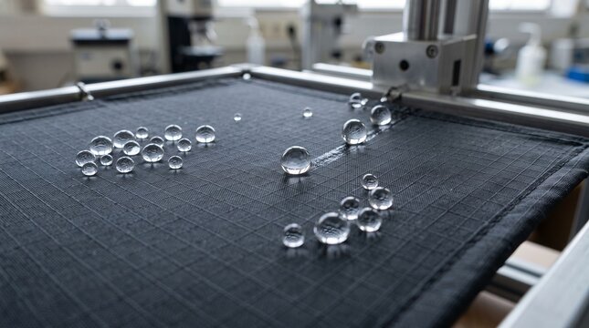 Industrial laboratory testing water repellent fabric performance with clear liquid droplets on dark material surface during scientific analysis