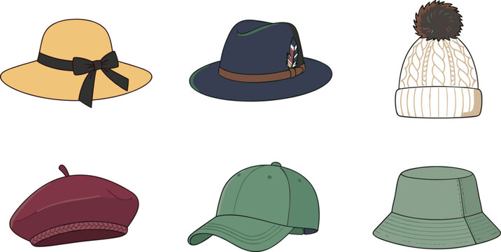 Set of various stylish hats including sun hat, fedora, beanie, beret, baseball cap, and bucket hat