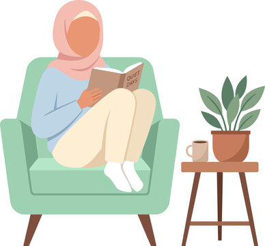 Flat Muslim Woman Reading Book on Armchair next to Side Table with Plant Vector Illustration   
