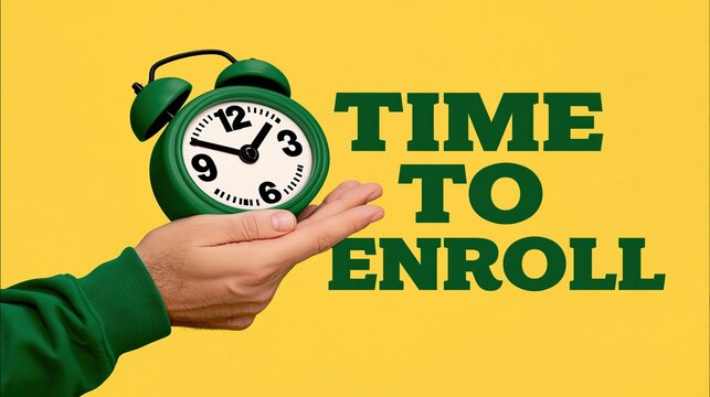 Hand Holding Green Alarm Clock With Time To Enroll Text on Yellow Background