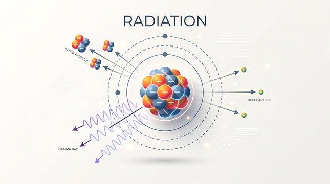 Scientific diagram showing alpha beta and gamma radiation emissions from atomic nucleus