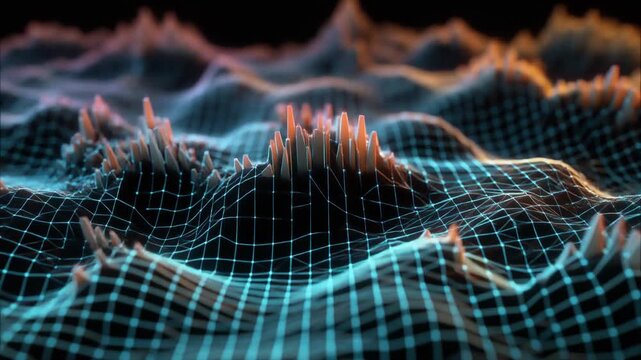 Abstract Digital Landscape Futuristic Network Grid Waves and Peaks, Data Visualization