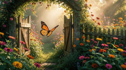 Obraz premium Open rustic wooden garden gate leads to enchanted floral landscape. Orange monarch butterfly flies through blooming flowers, plants. Magical summer nature scene with sunbeams, colorful wildflowers,