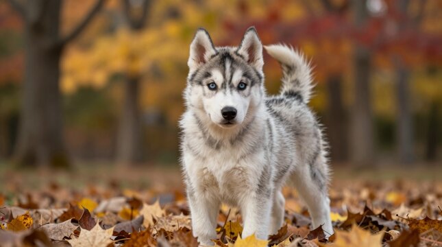 A captivating husky puppy stands amidst colorful autumn leaves, showcasing its fluffy coat and bright blue eyes. This photograph captures the essence of playful innocence.