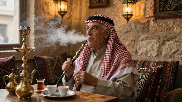An elderly Jordanian man enjoys a traditional hookah session in a warmly lit, stone-walled cafe adorned with cultural textiles and brass tea sets.