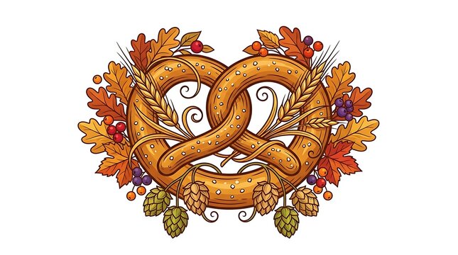 Traditional soft pretzel decorated with autumn oak leaves and hop cones