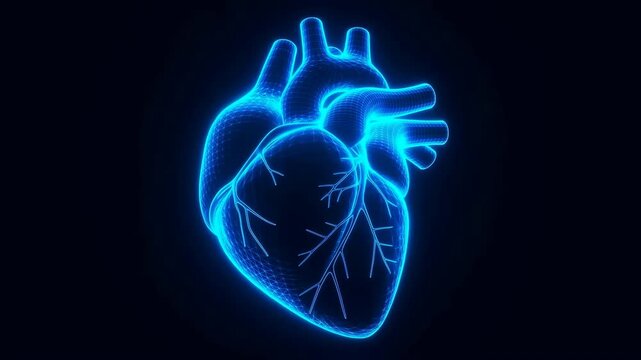 Glowing blue anatomical heart model subtly pulses and shifts against deep black background, with luminous wireframe contours, branching vessels, centered frontal view, and high contrast