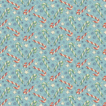 Seamless pattern with red and green striped candy canes and snowflakes on blue background