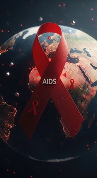 Human Immunodeficiency battle: HIV fight, AIDS ribbon, Acquired Syndrome, Virus control, global health, terrestrial sphere, prevent disease, medical campaign.