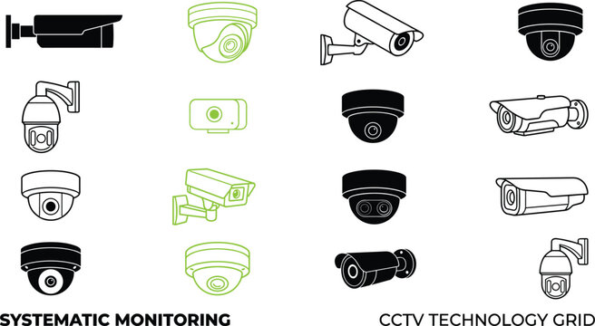 CCTV surveillance camera vector icon grid featuring solid silhouettes outline models and green tech highlights