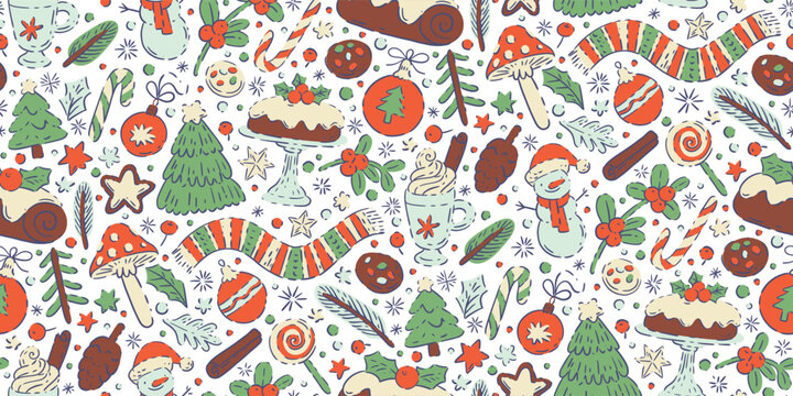 Hand drawn doodle style Christmas pattern with mushrooms, pine cones, star cookies and festive garland on white background