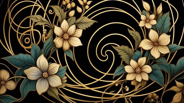 Art Nouveau Floral Swirls Gold Flowers  Leaves on Black Background