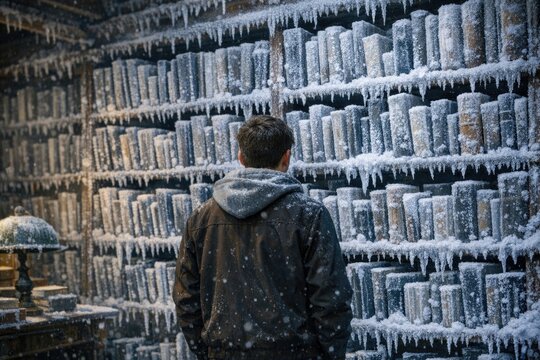 A person standing in front of a stacked wall of cell phones, potentially highlighting the theme of technology obsession