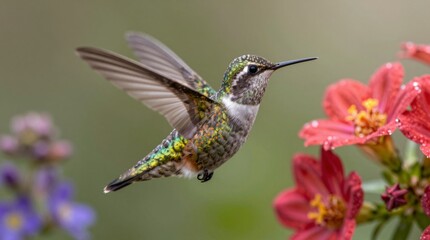 Fototapeta premium A stunning hummingbird in mid-flight showcasing intricate colors as it hovers beside vibrant red flowers, capturing the essence of nature and beauty.
