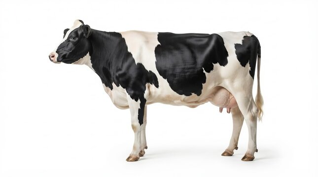Full body studio shot of a black and white FriesianHolstein cow isolated on a solid white background