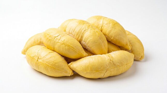 Fresh yellow durian fruit pieces arranged neatly in a group shot captured on white background