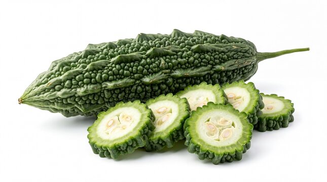 Fresh green bitter melon fruit with sliced circular pieces displayed neatly isolated on white background