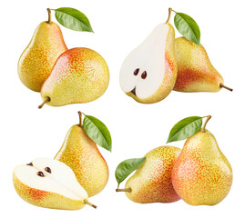 Obraz premium Collection of whole and sliced ripe pears with leaves, isolated on transparent cutout background