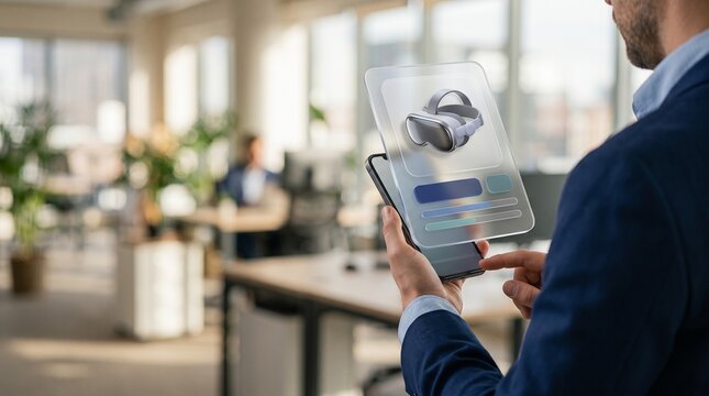 Augmented reality business interface on smartphone featuring virtual reality headset 3D icon in modern professional office setting with holographic display technology