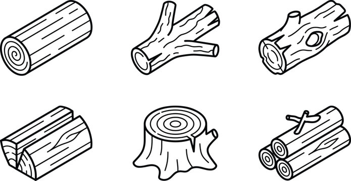 Wooden log and tree stump vector outline icon set for firewood isolated on white background
