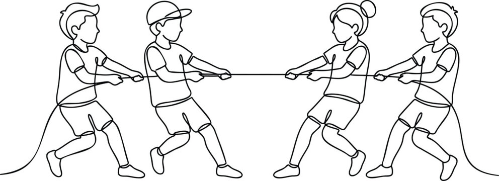 Children playing tug of war, two teams pulling a rope
