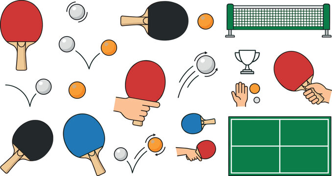 Table tennis vector icon set featuring ping pong paddles hands holding rackets bouncing balls net court top view and winner trophy cup