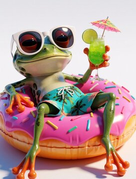 Funny green frog wears white sunglasses, sits on pink donut swim ring. Cute amphibian character relaxes with tropical cocktail in summer. 3D cartoon mascot enjoys vacation at beach with lime drink,