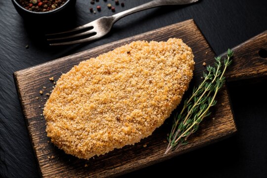 Breaded pork schnitzel lies on wooden cutting board with fresh thyme sprigs. Golden crispy meat cutlet prepared for frying. Top view of delicious homemade veal escalope meal on dark background. Tasty