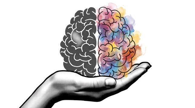 Conceptual illustration of a human brain held in a hand with watercolor and halftone effects
