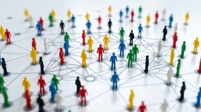 Colorful miniature figurine people connected by a network of lines on a white background, isolated on white background, representing social networking, teamwork, and human connection