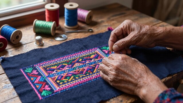 An elder's hands meticulously embroider vibrant geometric patterns on dark fabric using traditional Hmong techniques.