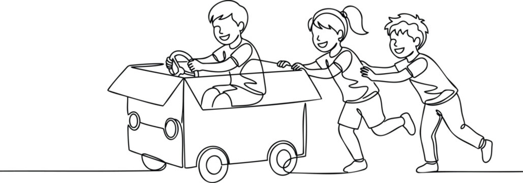 Three children playing, one driving a cardboard box car pushed by two others