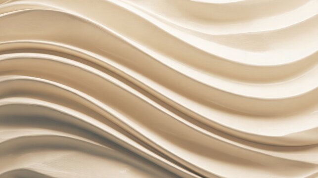 abstract luxury background featuring a continuous wall of sculptural ivory ceramic tiles with flowing wave shaped relief, soft grazing light
