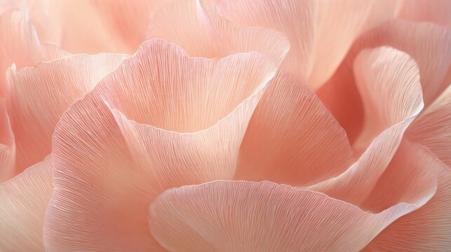 abstract extreme macro of densely layered pale coral peony petals, delicate translucent folds creating flowing organic waves, microscopic petal