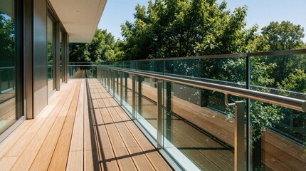 Fototapeta premium Modern apartment balcony with exotic wood decking, glass railing. Luxury residential terrace features contemporary architecture design. High floor view looks out onto green trees, summer forest in
