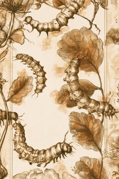 Vintage scientific illustrations of caterpillars with botanical motifs on aged parchment