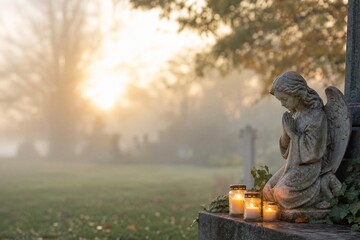 Fototapeta premium Praying angel statue with burning candles for All Saints Day