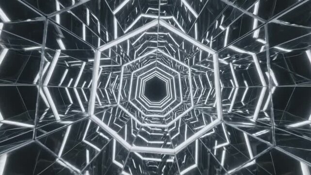 Abstract Hexagonal Tunnel: An infinite, glowing hexagonal tunnel receding into darkness, composed of interlocking geometric shapes and illuminated by bright white light.