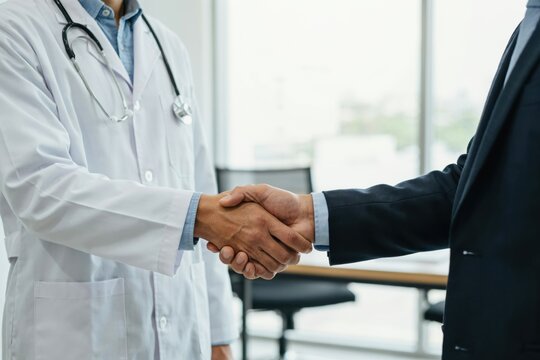 Doctor in white coat shaking hands with a businessman in a professional office setting