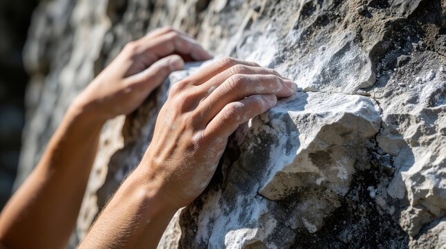 Close up of female climber hands gripping hard rock edge. Athletic woman uses chalk to hold steep stone wall during difficult sport climb. Strong fingers, muscles show technical skill, grip strength,