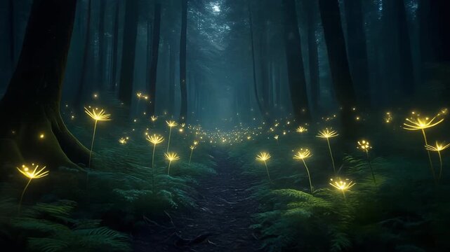 Enchanted Forest Path Illuminated by Glowing Flowers at Night