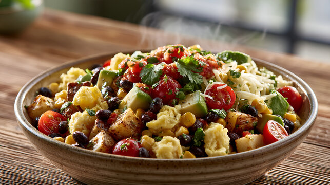 A hearty Mexican-inspired breakfast bowl combining eggs, potatoes, beans, avocado, vegetables, cheese, and salsa.