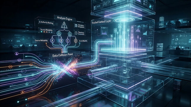 Enterprise AI contradiction resolution architecture comparing conflicting knowledge sources and selecting verified canonical information before retrieval and grounded response generation