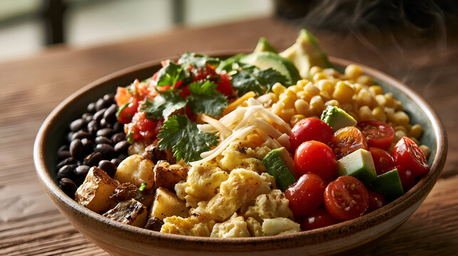 A hearty Mexican-inspired breakfast bowl combining eggs, potatoes, beans, avocado, vegetables, cheese, and salsa.